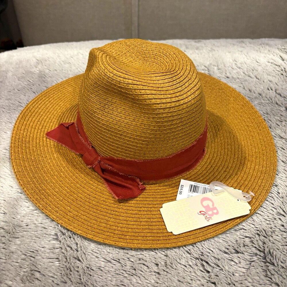 GB Girls Tan Straw Wide Brim Sun Hat Rose Bow Accent Solid Size M/L